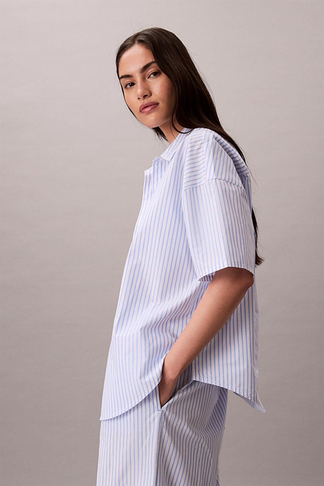 Cotton Poplin Bukser Sera Stripe Blue Descent
