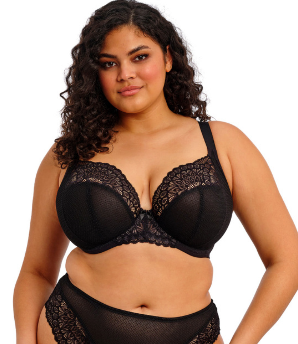 Elomi Tiernie plunge-BH i sort blonde med dyp utringning og subtil glans