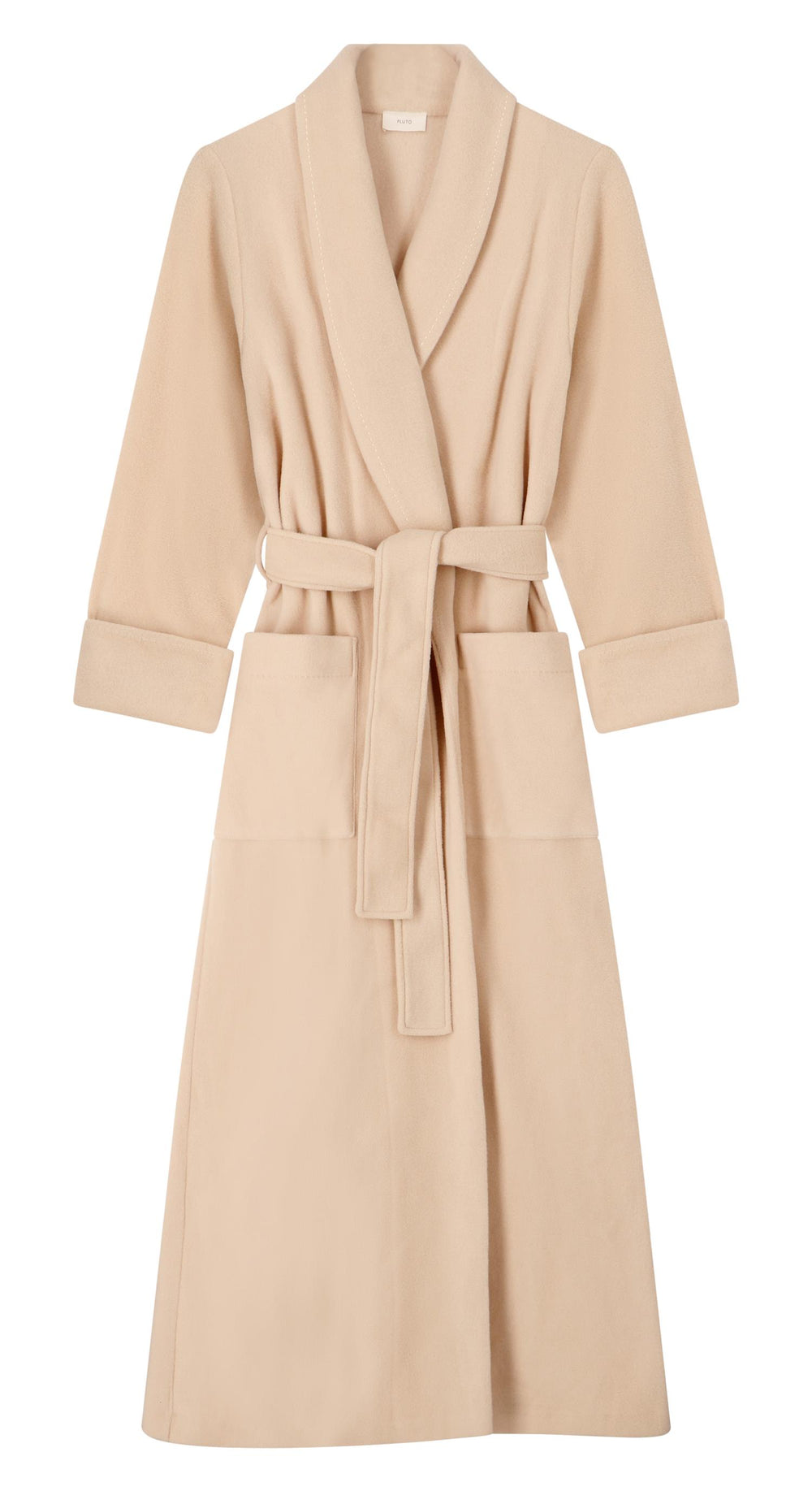 Pluto Ruth morgenkåpe i beige og ivory med kontrastsømmer og belte i livet