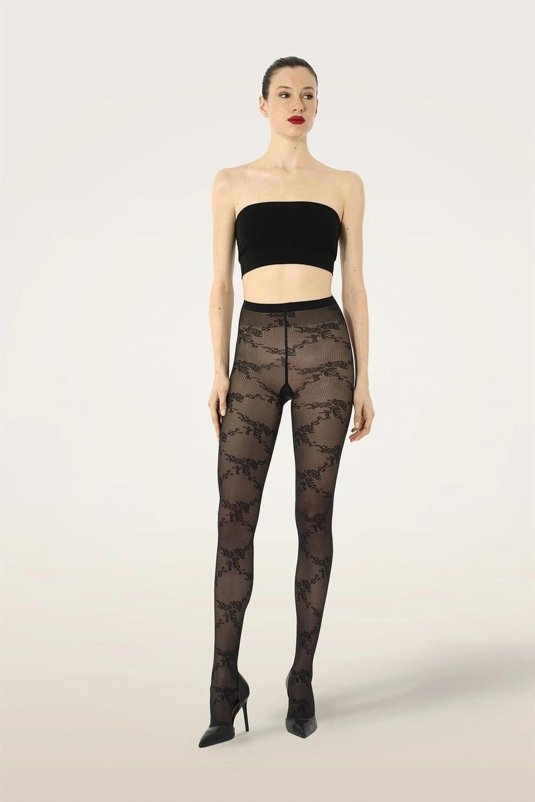 Wolford svart strømpebukse med blomstermønster